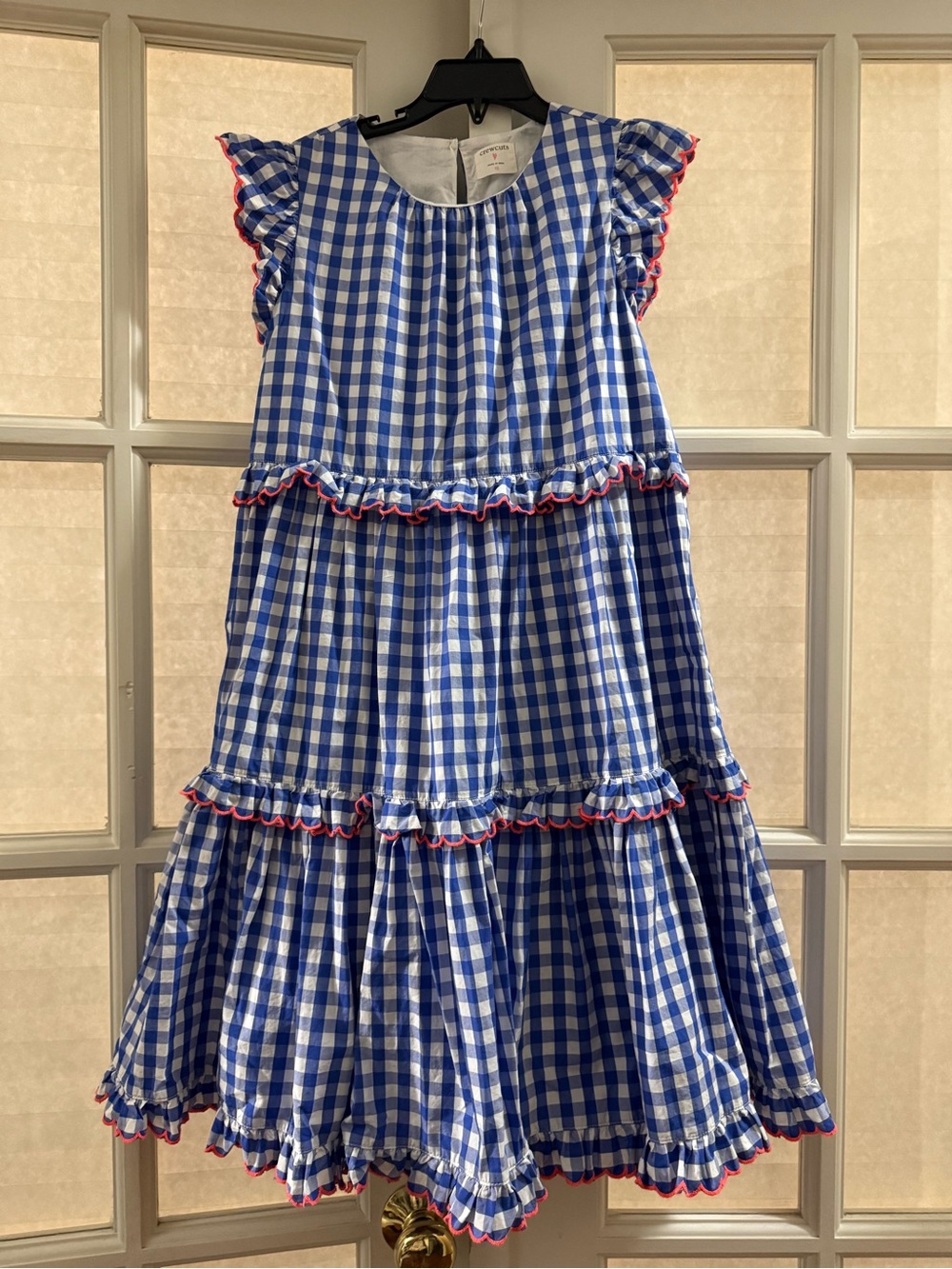 Crewcuts Blue Gingham Tiered Ruffle Dress with Pink Trim